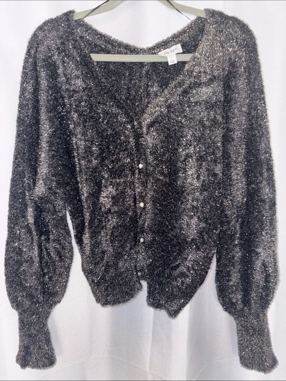 On-34th Black Sparkle Button-Front Sweater with pearl buttons